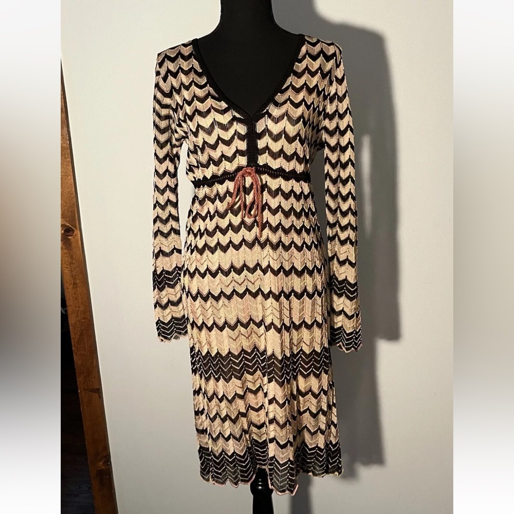 Vintage Missoni tan & black signature chevron knit dress